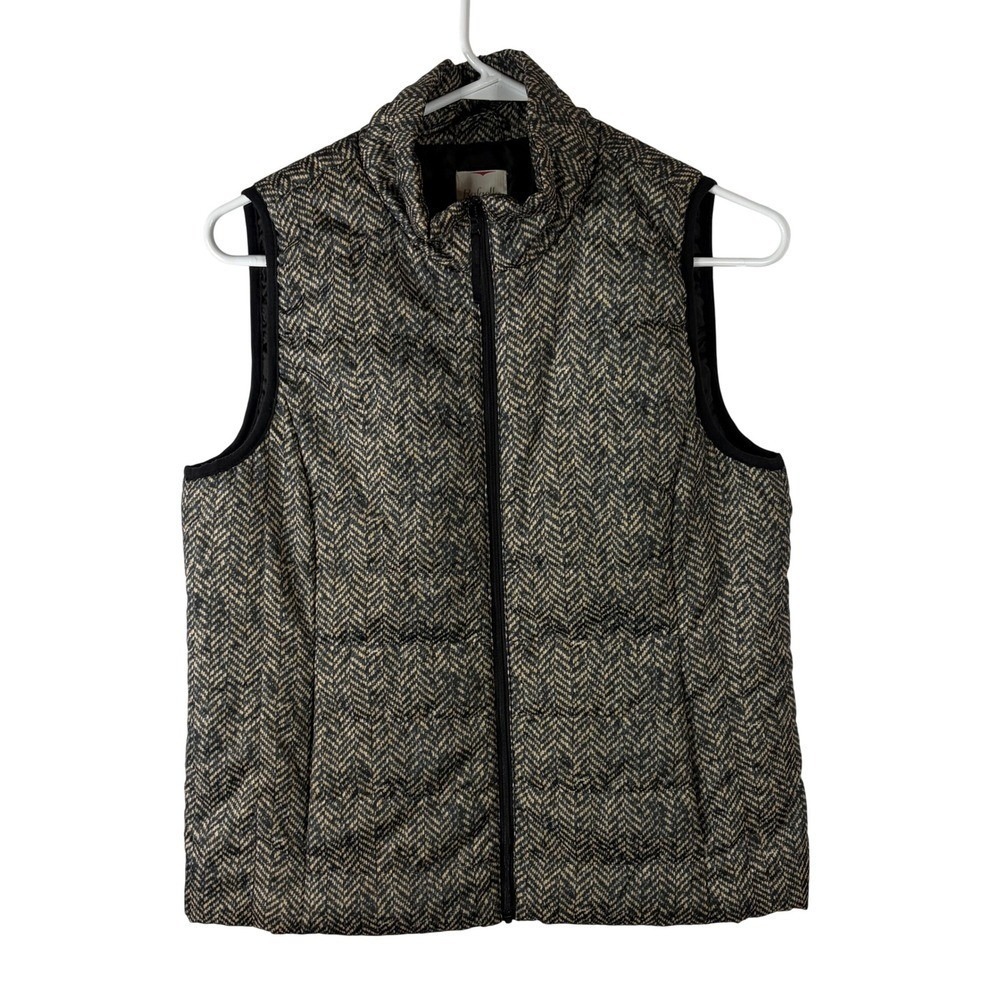 Rafaella Sport Womens Herringbone Puffer Vest Black Tan Full Zip Mock Neck M